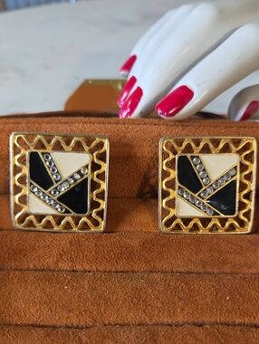 Vintage Craft Black, White and Gold Geometric Square Clip-On Earrings 1980's